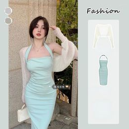 Work Dresses Pure Desire Wind Halter Dress Set Female Summer Thin Section Sun Protection Knitted Cardigan Sweet Waist Mid-length Skirt