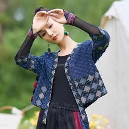 Ethnic Clothing 2024 Improved Chinese Denim Applique Embroidered Vintage Long Sleeve V-neck Women Coat Loose Casual Daily Top T001