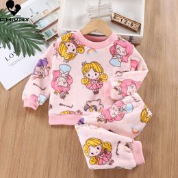 New Autumn Winter Kids Thick Warm Flannel Pama Baby Boys Girls Cartoon Long Sleeve O-neck Clothing Sets Sleepwear Pyjamas L2405