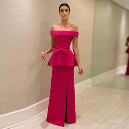 Fuchsia Sheath Prom Dresses Side Split Evening Gowns Peplum Off The Shoulder Neckline Satin Special Occasion Formal Wear