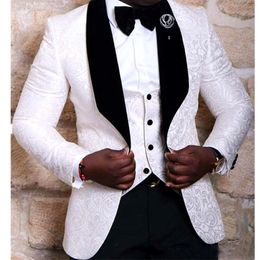 White Floral Mens Suits Wedding Groom Tuxedo Slim Fit Groomsman Prom Party Suits 3 pieces Jacket Pants vest 300J