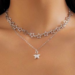 Pendant Necklaces IngeSight. Z 2-piece/set punk hollow star pendant necklace suitable for women sterling silver metal chain link necklace set S2452206