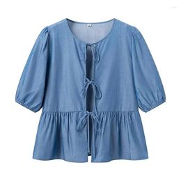 Women's Blouses Beach Pleated Solid Lmitation Denim Blouse Women Summer Jeans Shirt Half Sleeves Light Blue Casual Lace Up Sexy Tops