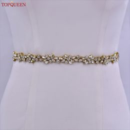 Topqueen S437-G Gold Rhinestone Trim Thicked Bridal Belt Jewelry Navy Blue Bridal Bride Accessories Women Rhinestone Belt