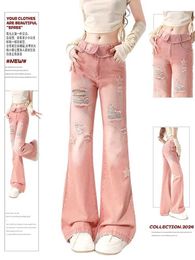 Women's Jeans Womens Pink Star Jeans Harajuku Y2k 90s Aesthetics High Waist Tear Denim Trouser Korean Jeans Retro 2000s Junk Clothing Q240523