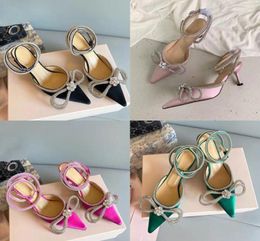 MACH Dress shoes for womens Designers Satin sandals Bow Slingback Pumps Crystal Embellishments rhinestone 65cm kitten heel slippe5556834
