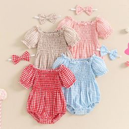 Clothing Sets 0-18M Infant Baby Girls Summer Casual Romper Short Sleeve Off Shoulder Plaid Bodysuits With Headband Born Jumpsuits