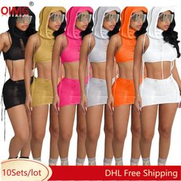 Work Dresses 10 Wholesale Skirt Sets Summer Women Sleeveless Hooded Crop Top Mini Two Piece Casual Dress Suits Beach Wear 10074