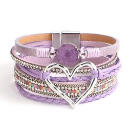 ALLYES Elegant Purple Leather Bracelets for Women Bohemian Charm Resin Crystal Beads Heart Bracelet Cuff Bangles Jewellery Gifts