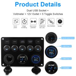 5 Gang Marine Boat Switch Panel Led Waterproof Circuit With Voltmeter Dual Usb Charger Panel Switch Boat Yacht 12v 24v