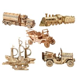 DIY Wooden Train Locomotive Puzzles Toys 3D Children Mechanical Assembling Educational Kids Ship Cars Trucks Model Boys Gift