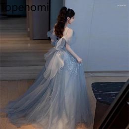 Party Dresses Topenomi 2024 Fairy Mesh Prom Women One Shoulder Waist Bow Sequins Back Drawstring Evening Dress Korean Elegant Gowns