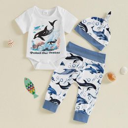 Clothing Sets FOCUSNORM 0-12M Baby Boys Summer Clothes 3pcs Letter Sea Animal Print Short Sleeves Romper And Elastic Pants Beanies Hat