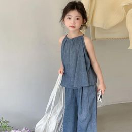 Clothing Sets Girls Korea Children 2024 Summer Blue Suspender Wide-leg Pants Suit Solid Simple Casual Cool Two-piece Set