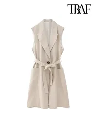 Women's Vests Women Fashion With Belt Linen Long Waistcoat Vintage Sleeveless Front Button Female Outerwear Chic Vest Clothing