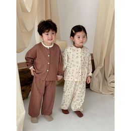 Korea Autumn Kids Pama Sets 2024 Cotton Girls Boys Long Sleeved Top Pants 2 Pcs Set Children's Clothing Baby Home Wear L2405