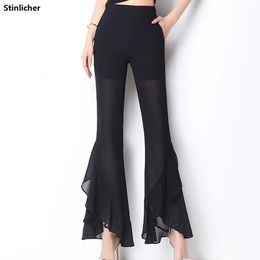 Summer Chiffon Ruffle Boot Cut Womens Pants Trousers Korea Fashion Office Ladies Work Ankle-Length Cropped Pants Female Bottoms 240524