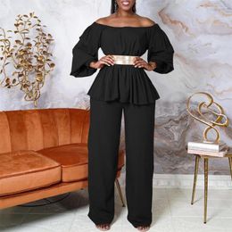 Ethnic Clothing Plus Size 2 Piece Set For Women Sexy Off Shoulder Belted Tops Casual Elegant Wide Leg Long Pants Fashion Outfits Party