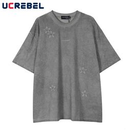 Star Embroidery Short Sleeve Tshirt Mens Washed Distressed Summer Y2k Streetwear Loose Crew Neck Cotton Tee Men 240520