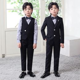 Boys' Little Suit Vest Set Host Dress Piano Performance Costume (Shirt + Jacket + Trousers + Vest + Bow Tie)