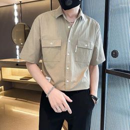 Men's Casual Shirts 2024 Summer Korean Fashion High Street Button Down Shirt Youth Solid Short Sleeve Handsome Tops Camisas De Hombre