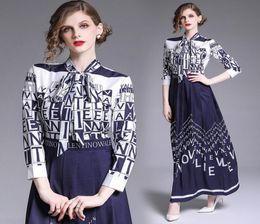 Top Selling Designs Bow Dress Plus Size Women Long Sleeve Lapel Neck Letter Printed Ladies Dresses Slim Elegant Office Pleated Dress3276566