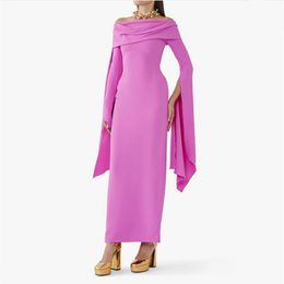 Elegant Long Sleeve Pink Crepe Evening Dresses With Slit Sheath Pleated Ankle Length Zipper Back Prom Dresses Pleated for Women