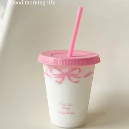 Water Bottles Kawaii Bottle For Coffee Juice Milk Tea Cute Plastic Cup With Lid Straw Portable Reusable Drinking BPA Free