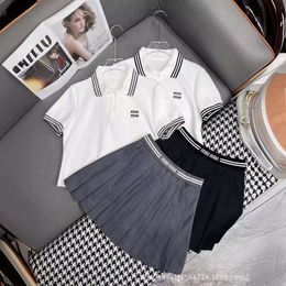 Women's Suits & Blazers Mm24 Summer Fashion Casual Letter Embroidered Polo Shirt Short Sleeved100 Pleated Half Skirt Set