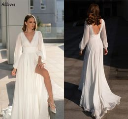 Simple V Neck Chiffon A Line Wedding Dresses Summer Beach Chic Lace With Long Sleeves Bridal Gowns Sweep Train Sexy Backless Thigh Split Bride Robes de Mariee CL3572