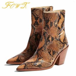 Boots Brown Snackskin High Chunky Heels Ankle Pointed Toe Woman Zipper Ladies Mature Sexy Winter Booties Shoes Large Size 14 15