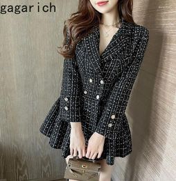 Casual Dresses Gagarich Retro Black White Plaid Double Breasted Suit Dress Autumn Winter Celebrity Waist Cinched Thin Fluffy Tweed Vestidos