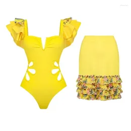 Women's Swimwear May Female Beach 2024 One Piece Korea Swimsuit Women Bikini Set With Hollow Out At High Waist Ruffle Print