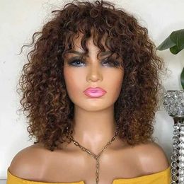 Synthetic Wigs Short curly Bob human hair wig with bangs full machine wig high brightness honey blonde hair affordable for women Remy hair Q240523