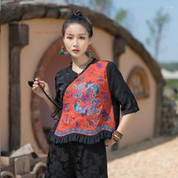 Ethnic Clothing 2024 Traditional Chinese Vintage Blouse National Flower Embroidery Satin Jacquard Oriental Tang Suit V-neck Qipao