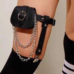 Waist Chain Belts Japanese style punk leg strap with leather body pockets black thick chain carnival party cute girls jewelry accessories Q240523