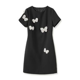 Summer Black Solid Color Dress Short Sleeve Round Neck Sequins Short Casual Dresses Y4W097706