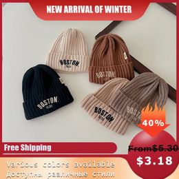 Caps Hats Solid Color Letter Baby Beanie Cap Winter Warm Knit Hat for Girls Boys Vintage Embroidered BOSTON Toddler Kids Crochet Bonnet Vmoc