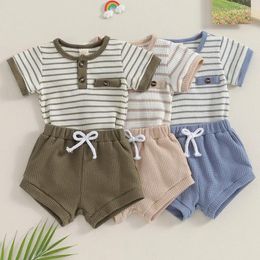 Clothing Sets Infant Baby Boy Short Summer Clothes Sleeve Striped Button Bodysuit And Elastic Waist Shorts 2 Piece Waffle Knit Set