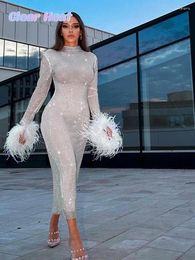 Casual Dresses Elegant Sexy Feather Sequins Dress For Women 2024 Fashion Chic Long Sleeve Slim Fit Ladies Evening Party Club Robes