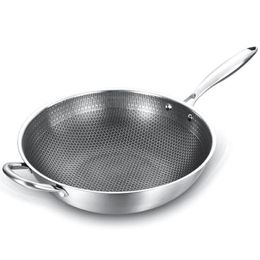 Coated pan Non-stick Wok 304 Stainless Steel woks Fry Pans with handle Cooking kitchen Cookware 269N