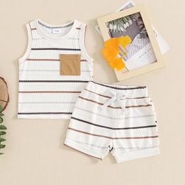 Clothing Sets Infant Toddler Baby Boy Ribbed Outfits Striped Sleeveless Round Neck Tank Tops Elastic Waist Shorts 2 Piece Summer Set