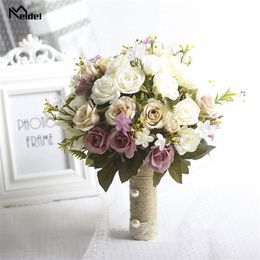 Meldel nowy fioletowy biały bukiet ślubny ręcznie robiony sztuczny kwiat róża buque casamento bukiet ślubny na dekoracje ślubne