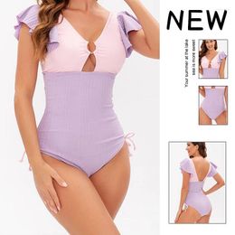 Women's Swimwear 2024 Ring Linked Plunging One Piece Swimsuit Solid Color Splice Summer Beach Ruffled Fold Bathing Suit For Women