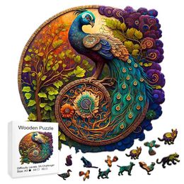 Puzzles Adult Animal Wooden Puzzle Round Peacock and Bird Wooden Puzzle Childrens Puzzle Toy Festival Gift A3 A4 A5 Multi size Puzzle Y240524