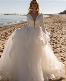 Classy Long Sleeve V-Neck Satin Wedding Dresses with Ruffles A-Line Ivory Tulle Sweep Train Vestido de novia Lace Up Back Bridal Gowns for Women