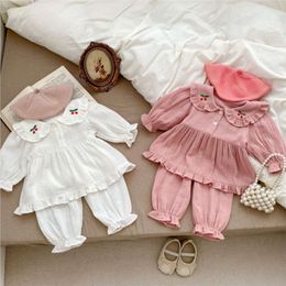 Nyfödd tjej prinsessa pamas 2 st cherry lapel sömnkläder spädbarn småbarn barn loungewear vår höst baby kläder 6m-3y l2405