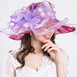 Berets Purple Lace Foldable Light Women Bride Party Wide Brim Flower Striped Flat Top Sun Ladies Bucket Fedora Hat