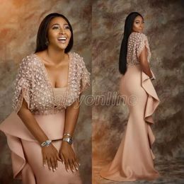 Dusty Champagne African Evening Gowns With Lace Wrap Saudi Arabia Formal Party Mermaid Long Plus Size Prom Dress Celebrity Robe De Soir 301r