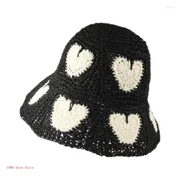 Berets Elegant Colorful Bucket Hat Heart Handwoven Breathable Crocheted Holiday Vacation Straw Western Cloches